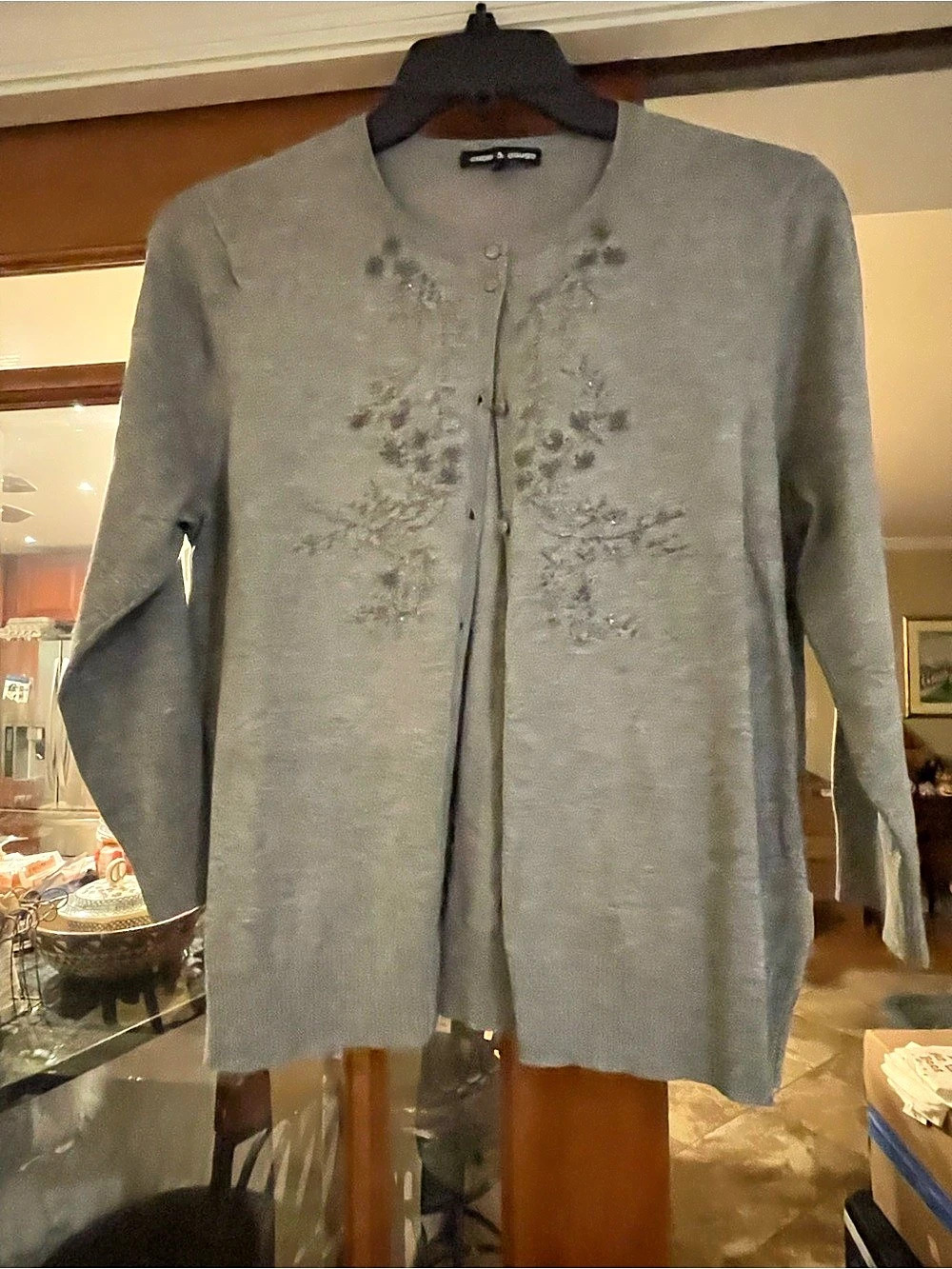 Cable & Gauge Grey Beaded Floral Neckline Cardigan XL
